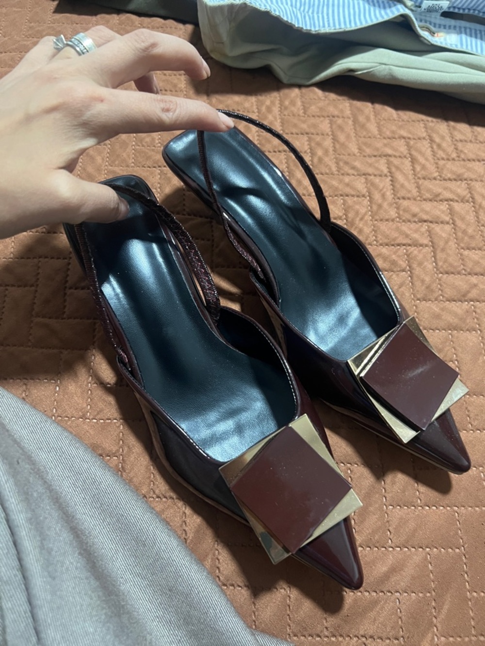 Women's Pointed Slingback Pumps in Deep Burgundy with Gold Accent